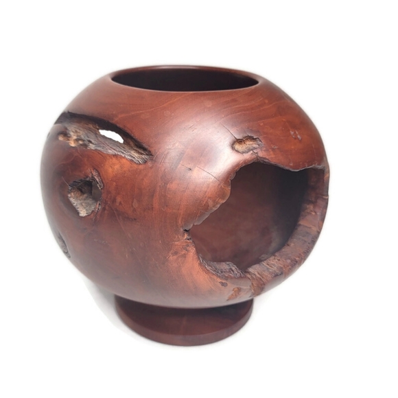 Burl bowl hollow vessel on pedestal with holes - Picture 9 of 15